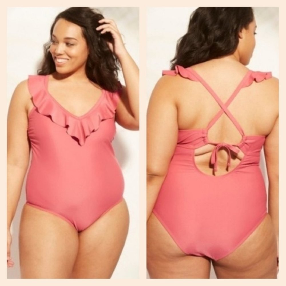 Xhilaration Mauve Pink Ruffle V-neck One Piece Swimsuit Size 14W